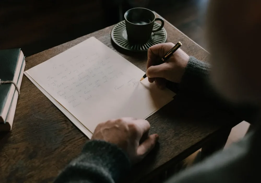 cara menulis bagus person writing at desk